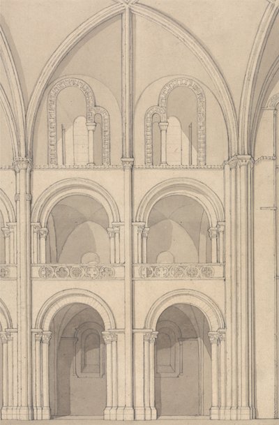 Alzado en perspectiva de una parte de la iglesia abacial de San Esteban en Caen, Normandía de John Sell Cotman