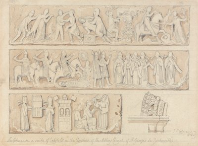 Escultura sobre un conjunto de capiteles en los claustros de la iglesia abacial de Saint Georges de Bocherville, cerca de Ruán, Normandía de John Sell Cotman