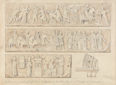 Escultura sobre un conjunto de capiteles en los claustros de la iglesia abacial de Saint Georges de Bocherville, cerca de Ruán, Normandía de John Sell Cotman