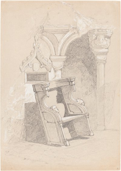 Boceto del interior de una iglesia en ruinas con silla de John Sell Cotman