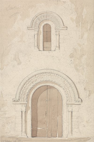 Portada oeste y ventana de la iglesia de Ham, cerca de Valognes, Normandía de John Sell Cotman