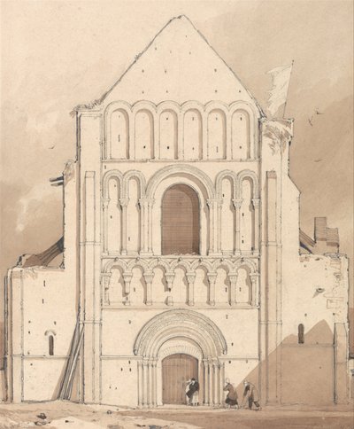 Fachada oeste de la iglesia de Oyestraham [Ouistreham], cerca de Caen, Normandía de John Sell Cotman