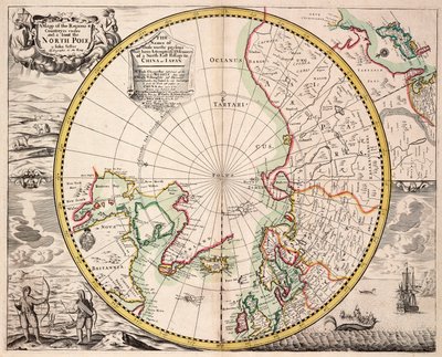 Mapa de proyección polar con el Círculo Polar Ártico, c.1680 (grabado coloreado) de John Seller