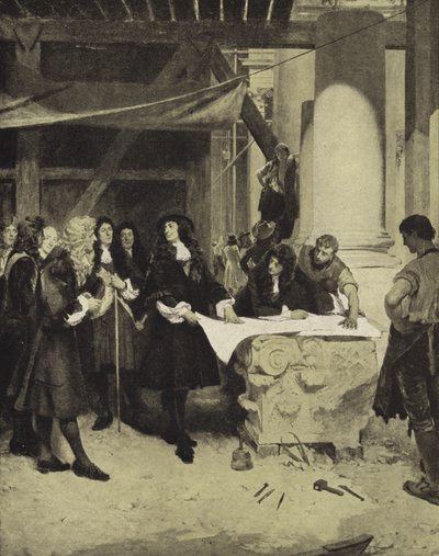 El rey Carlos II visitando a Sir Christopher Wren durante la construcción de la Catedral de San Pablo, finales del siglo XVII de John Seymour (after) Lucas
