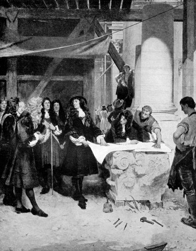 Carlos II visitando a Sir Christopher Wren durante la construcción de la Catedral de San Pablo, Londres, 1909 de John Seymour Lucas
