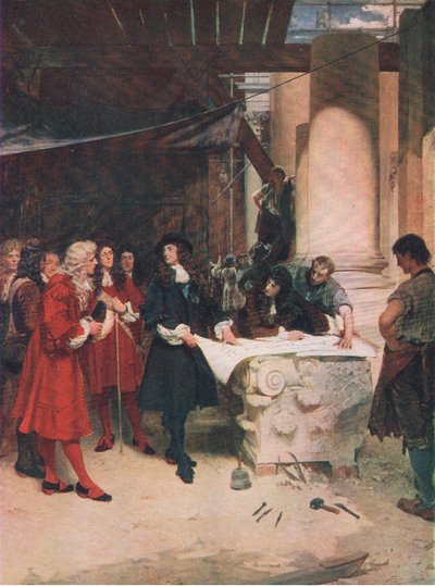 Visita del Rey Carlos a Wren durante la construcción de la Catedral de San Pablo, ilustración de la Historia del Pueblo Británico de John Seymour Lucas