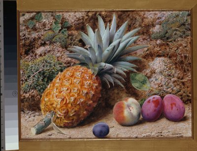 Una piña, un melocotón y ciruelas en un banco musgoso de John Sherrin