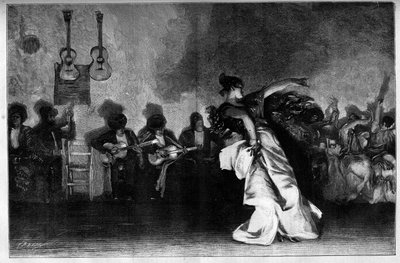 El Jaleo - Bailes gitanos. Guitarristas y bailarina de flamenco. Grabado después de la pintura de John Singer Sargent (1856-1925) en “El Mundo Ilustrado” n°1335 del 28 de octubre. de John Singer (after) Sargent