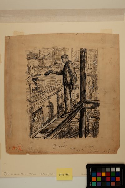 Salute, c.1911 (tinta, carboncillo y pintura blanca de zinc sobre papel) de John French Sloan