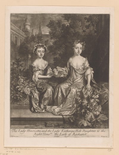Portret van Henrietta y Katherine Hyde conocieron a een duif Lady Henrietta y Lady Katherine Hide, hijas del / Muy Honorable Conde de Rochester (título sobre el objeto) de John Smith