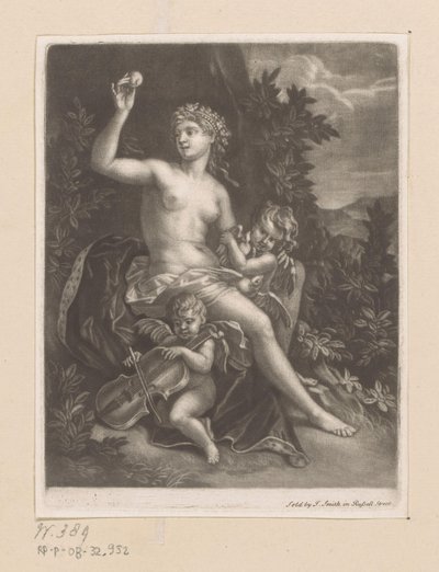 Venus con una manzana y dos cupidos con violín y palomas de John Smith