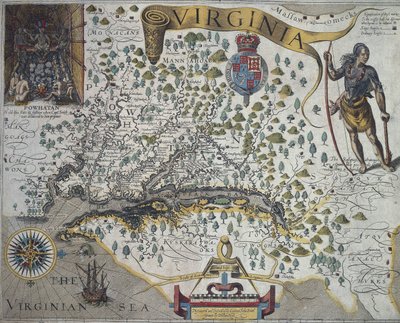 Mapa de Virginia: Recuadro (arriba a la izquierda) que muestra el interior de la cabaña del jefe indio Powathan, por John Smith (1580-1631) de John Smith