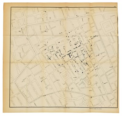 Un mapa de "Sobre el modo de comunicación del cólera", 1855 de John Snow