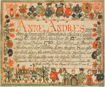 Certificado de Nacimiento y Bautismo de Anne Andres de John Spangenberg