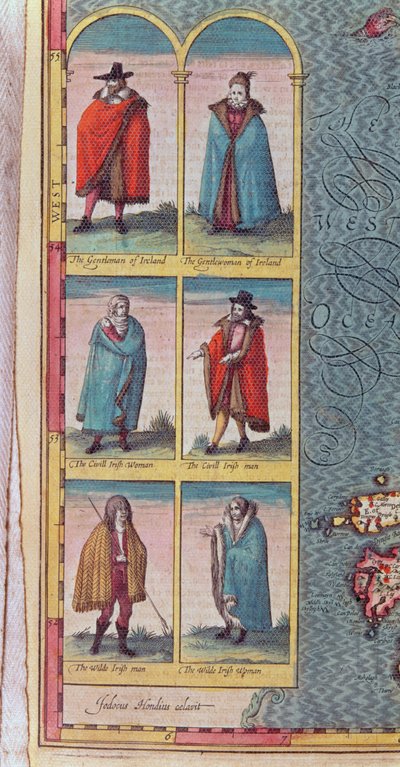 Tipos Irlandeses, detalle de El Reino de Irlanda, grabado por Jodocus Hondius, de 