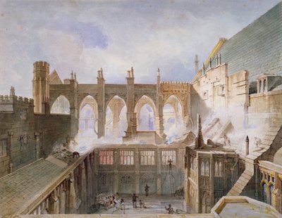 Vista de la destrucción de la Capilla de San Esteban, Palacio de Westminster, Londres, 1834 de John Taylor
