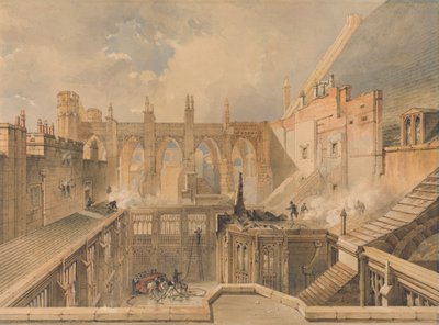 Vista de los restos de la capilla de San Esteban, Parlamento, la mañana siguiente al incendio del 16 de octubre de 1834. de John Taylor Jr.