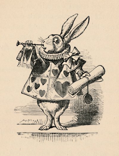 Un conejo como funcionario de la corte tocando una trompeta para un anuncio, 1889 de John Tenniel
