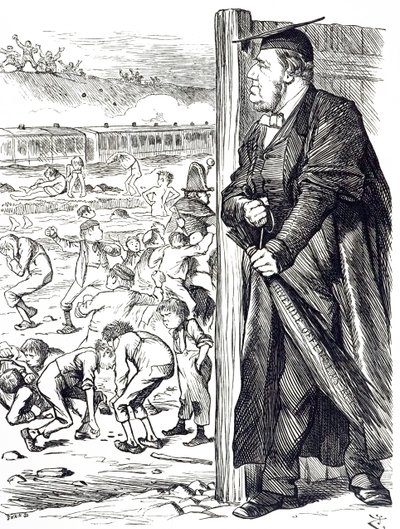 Una caricatura que representa a William Vernon Harcourt (1827-1904) quien, cuando era Secretario del Interior, recomendó la introducción de la vara en lugar de la detención para los delincuentes juveniles. Ilustrado por John Tenniel (1820-1914) un ilustrad de John Tenniel