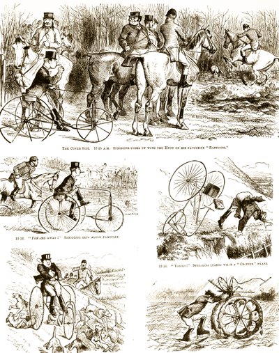 Una caricatura que representa a un hombre cazando en un triciclo. Ilustrado por John Tenniel (1820-1914) un ilustrador inglés, humorista gráfico y caricaturista político de John Tenniel