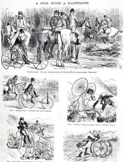 Caricatura que representa a un hombre cazando en un triciclo de John Tenniel