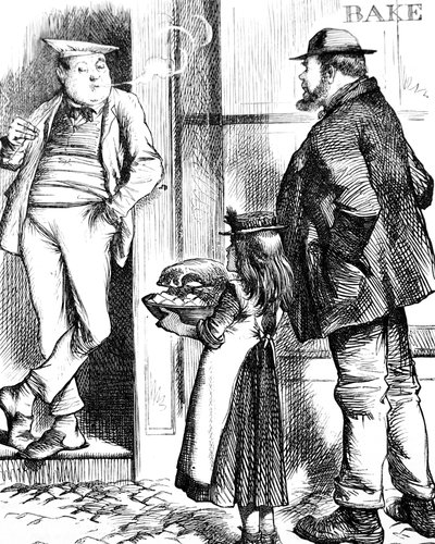 Un padre y su hija llevando comida para asar al panadero local para ser cocinada de John Tenniel
