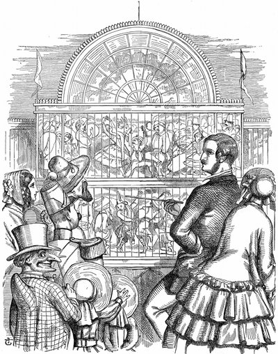 Alberto, Príncipe Consorte de la Reina Victoria, mostrando el Crystal Palace y la Gran Exposición en Hyde Park, Londres. Caricatura de John Tenniel de Punch Londres 1851. Grabado en madera de John Tenniel