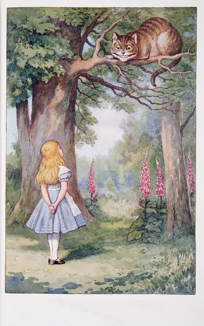 Alicia y el gato de Cheshire, Las aventuras de Alicia en el país de las maravillas y A través del espejo y lo que Alicia encontró allí, de Lewis Carroll (1832 - 98), publicado en 1911 (litografía coloreada) de John Tenniel