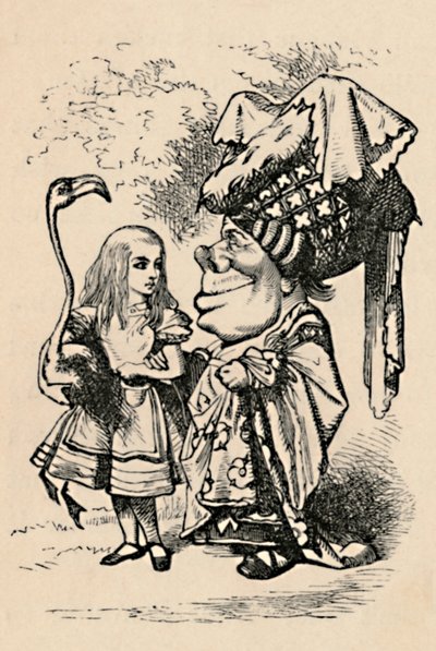 Alicia llevando la cigüeña y hablando con la duquesa de John Tenniel