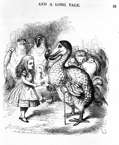Alicia en el País de las Maravillas: encuentro de Alicia con un dodo por Lewis Carroll, ilustración de la primera edición por Tenniel de John Tenniel