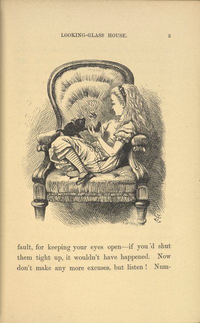 Alicia sentada en una silla jugando con un gatito. de John Tenniel