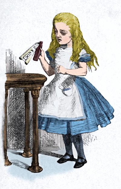Alicia mirando la botella con el letrero bébeme, 1889 de John Tenniel
