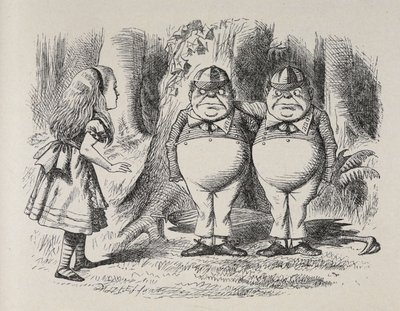 Alice conociendo a Tweedle Dee y Tweedle Dum por primera vez. Estaban parados debajo de un árbol, cada uno con un brazo alrededor del cuello del otro, y Alice supo quién era quién en un momento, porque uno de ellos tenía bordado "Dum" en el cuello y el otr de John Tenniel