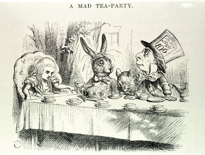 Alicia toma “Las aventuras de Alicia en el País de las Maravillas y a través del espejo” de Lewis Carroll, ilustración de John Tenniel (1820-1914) de John Tenniel