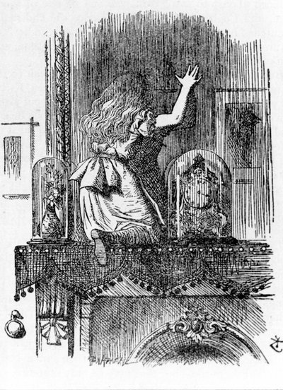 Alicia atravesando el espejo - en “Las aventuras de Alicia en el País de las Maravillas y a través del espejo” de Lewis Carroll, ilustración de John Tenniel (1820-1914) de John Tenniel