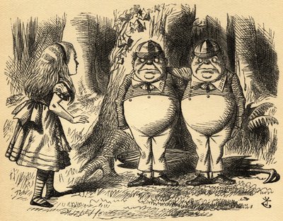 Alicia con Tweedledum y Tweedledee. Ilustración de Sir John Tenniel de John Tenniel