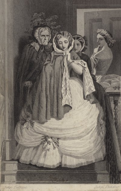 Hermosa chica, vestida para la fiesta, bajando las escaleras de John Tenniel