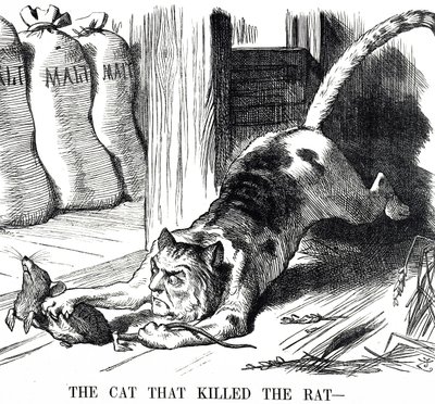 Caricatura comentando sobre la abolición del Impuesto sobre la Malta en 1880 de John Tenniel