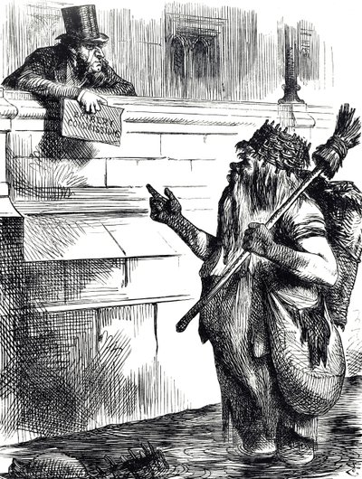 Dibujo comentando sobre la suciedad del Támesis y las investigaciones sobre sobornos durante las elecciones en Great Yarmouth, Reigate y Lancaster de John Tenniel