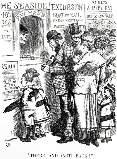 Caricatura comentando sobre la frecuencia de accidentes en trenes de excursión abarrotados de John Tenniel