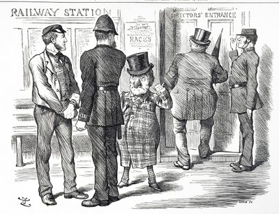 Caricatura comentando sobre las peticiones para que se haga obligatorio un sistema de señalización en bloque en los Ferrocarriles Británicos de John Tenniel