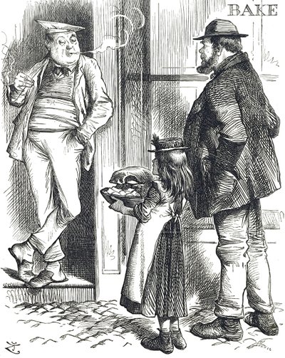 Caricatura comentando sobre las limitadas instalaciones de cocina en los hogares pobres donde a menudo no había horno de John Tenniel