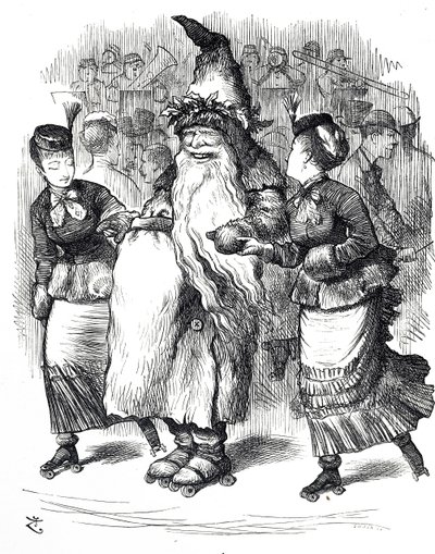 Caricatura que muestra a Papá Noel patinando sobre ruedas de John Tenniel