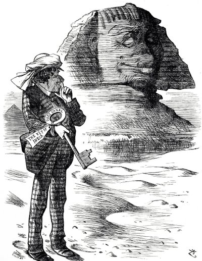 Dibujo que muestra al Primer Ministro Benjamin Disraeli sosteniendo el Canal de Suez como la clave para la posesión e influencia británica en la India de John Tenniel