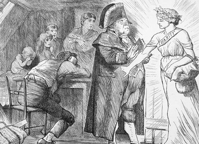 Caridad apartando las protestas del Sr. Brumble en su determinación de llevar alivio a las familias pobres en apuros de John Tenniel