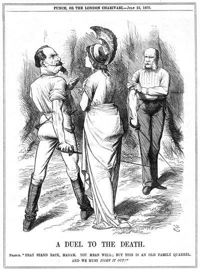 Guerra Franco-Prusiana 1870-1871: Britannia tratando de contener a Napoleón III de embarcarse en la guerra con Alemania. Declaración francesa entregada a Berlín el 19 de julio, proclamación el 23 de julio. Caricatura de John Tenniel para Punch, Londres, 23 de John Tenniel