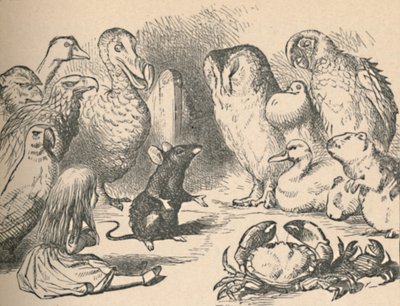 Ilustración para el capítulo una Carrera-Caucus y una larga cola. Alicia y varias criaturas, como de John Tenniel