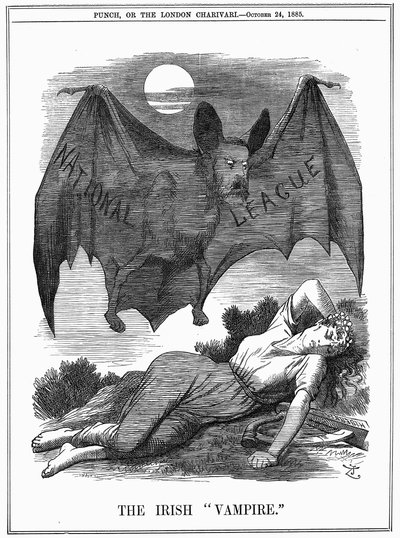 Liga Nacional Irlandesa, con el rostro de Charles Stewart Parnell (1846-1891), mostrado como un vampiro que se aprovecha de Irlanda de John Tenniel
