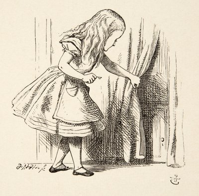 Mirando detrás de la cortina, de Las aventuras de Alicia en el país de las maravillas de Lewis Carroll (1832 - 98), pub. 1891 de John Tenniel