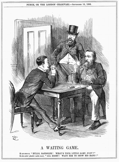 Lord Randolph Churchill (izquierda) tratando de hacer que Charles Stewart Parnell, político irlandés, muestre su mano y deje que Churchill y Hartington sepan cómo usará los votos parnellitas que comanda en la Cámara de los Comunes. Caricatura de John Tenni de John Tenniel